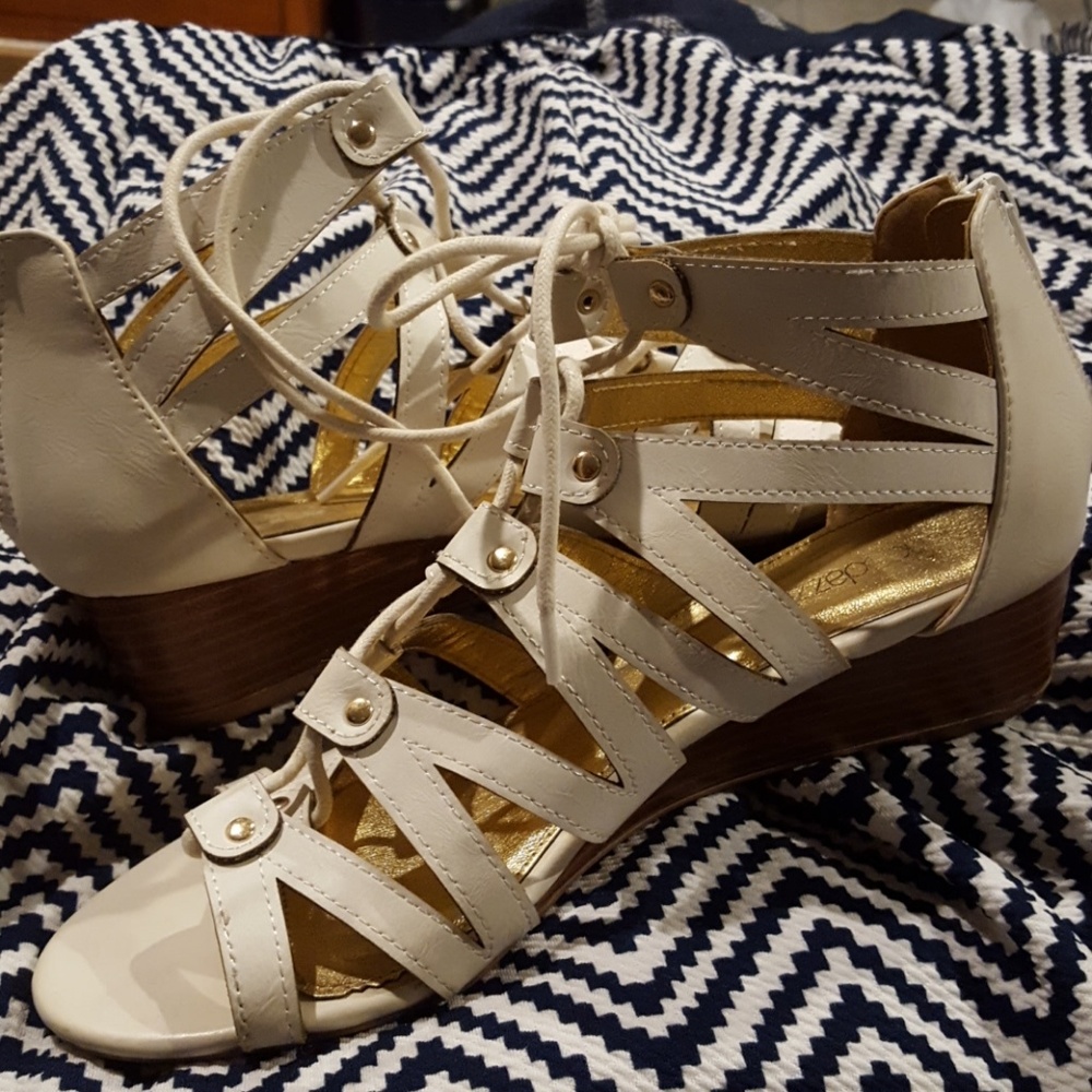 White and gold lace up wedges